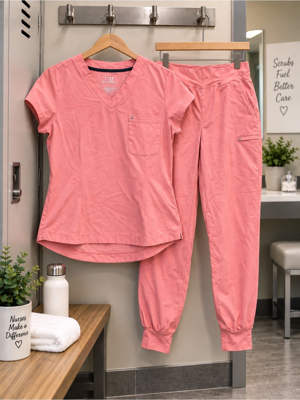 White Cross FIT Pink Scrub Set Women’s V-Neck Top Jogger Pants Nursing Large